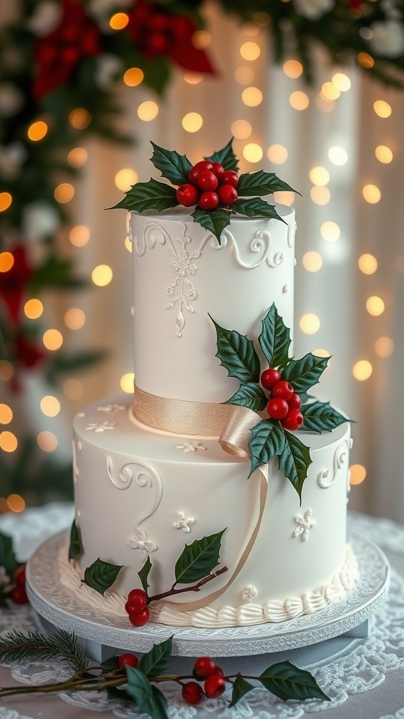 A beautifully decorated Christmas wedding cake with marzipan and royal icing, adorned with holly and berries, set in a festive atmosphere.